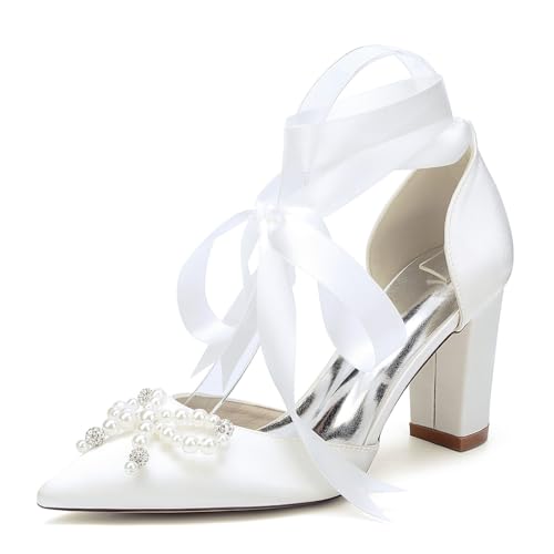 Hochzeitsschuhe Damen Blockabsatz Spitz Zehen Brautschuhe Blockabsatz Abschlussball Party Kleid Pumps 8.5Cm,Elfenbein,41 EU Hochzeitsschuhe Damen Blockabsatz Spitz Zehen Brautschuhe Blockabsatz Abschlussball Party Kleid Pumps 8.5Cm,Elfenbein,41 EU von Generic