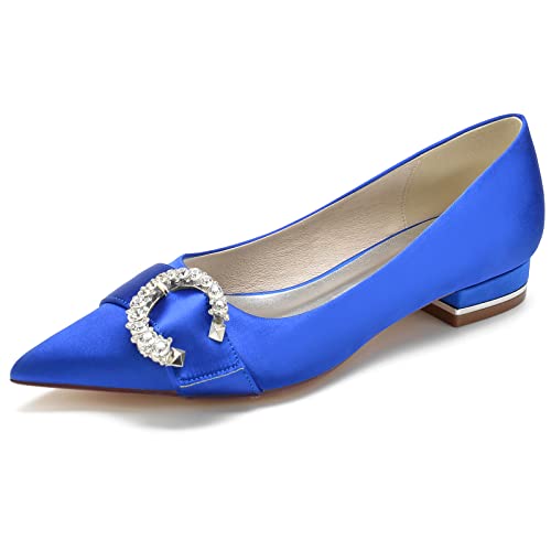 Hochzeitsschuhe Damen Bridal Flach Pointed Toe Kleid Schuhe 2.5Cm Satin Slip on Flach,Royal Blue,43 EU von Generic