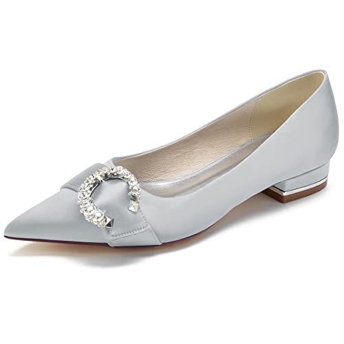 Hochzeitsschuhe Damen Bridal Flach Pointed Toe Kleid Schuhe 2.5Cm Satin Slip on Flach,Silber,41 EU von Generic