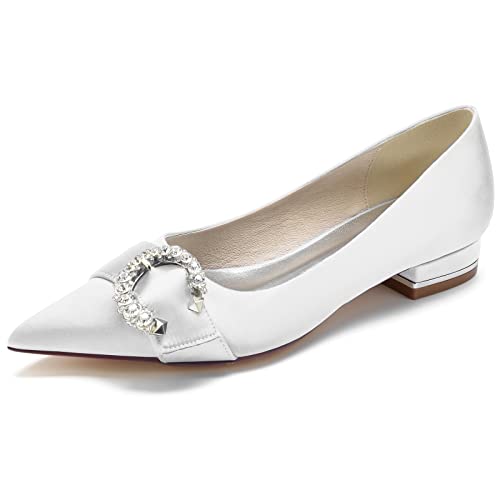 Hochzeitsschuhe Damen Bridal Flach Pointed Toe Kleid Schuhe 2.5Cm Satin Slip on Flach,Weiß,42 EU von Generic