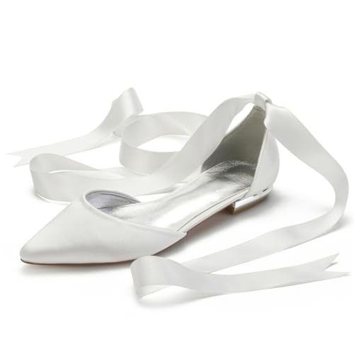 Hochzeitsschuhe Damen Bridal Flache Satin Pointed Toe Hochzeit Bridal Party Abendschuhe Flats Brautschuhe 2Cm,Elfenbein,40 EU von Generic