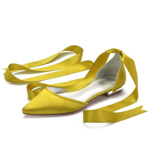 Hochzeitsschuhe Damen Bridal Flache Satin Pointed Toe Hochzeit Bridal Party Abendschuhe Flats Brautschuhe 2Cm,Gelb,40 EU von Generic