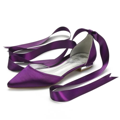 Hochzeitsschuhe Damen Bridal Flache Satin Pointed Toe Hochzeit Bridal Party Abendschuhe Flats Brautschuhe 2Cm,Lila,35 EU von Generic