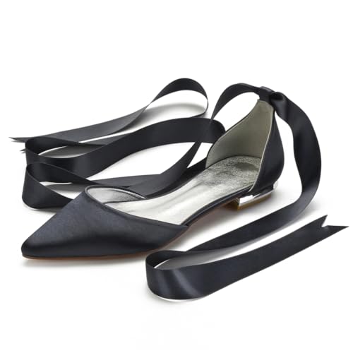 Hochzeitsschuhe Damen Bridal Flache Satin Pointed Toe Hochzeit Bridal Party Abendschuhe Flats Brautschuhe 2Cm,Schwarz,39 EU von Generic