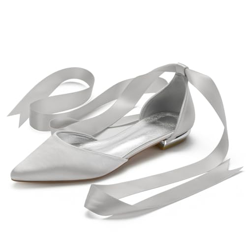 Hochzeitsschuhe Damen Bridal Flache Satin Pointed Toe Hochzeit Bridal Party Abendschuhe Flats Brautschuhe 2Cm,Silber,42 EU von Generic