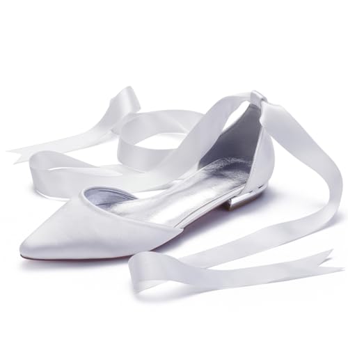 Hochzeitsschuhe Damen Bridal Flache Satin Pointed Toe Hochzeit Bridal Party Abendschuhe Flats Brautschuhe 2Cm,Weiß,38 EU von Generic