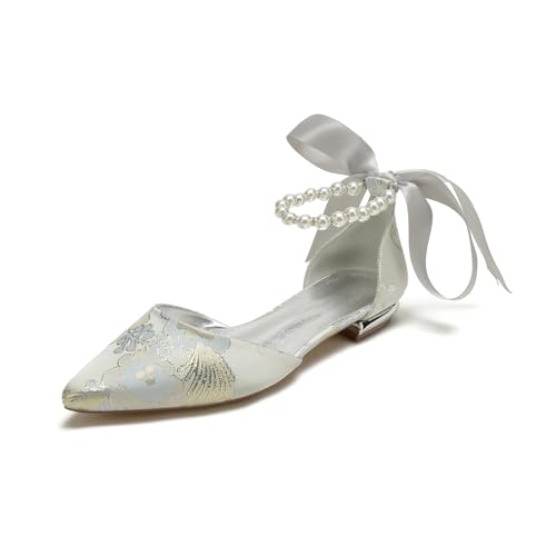 Hochzeitsschuhe Damen Bridal Pointed Toe Flach Ballerinas Brautschuhe Party Kleid Flach 1.5Cm,Silber,41 EU von Generic