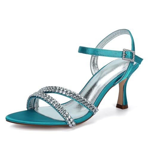 Hochzeitsschuhe Damen Bridal Stiletto Sandalen Offene Zehenpartie High Heels Sandalen Kleider Partyschuhe 7Cm,Blue Green,40 EU von Generic