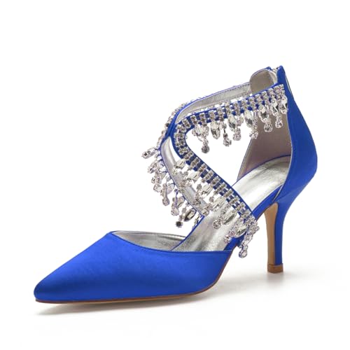 Hochzeitsschuhe Damen Bridal Stiletto Satin Pumps Brautschuhe 8Cm Pointed Toe Prom Party Dress High Heels,Blau,38 EU von Generic