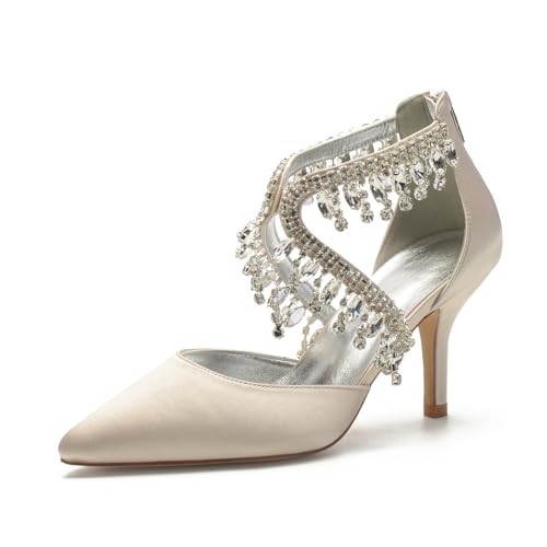 Hochzeitsschuhe Damen Bridal Stiletto Satin Pumps Brautschuhe 8Cm Pointed Toe Prom Party Dress High Heels,Champagne,35 EU von Generic