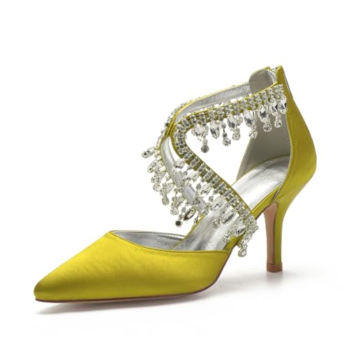 Hochzeitsschuhe Damen Bridal Stiletto Satin Pumps Brautschuhe 8Cm Pointed Toe Prom Party Dress High Heels,Gelb,39 EU von Generic