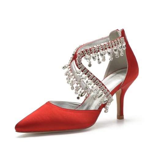 Hochzeitsschuhe Damen Bridal Stiletto Satin Pumps Brautschuhe 8Cm Pointed Toe Prom Party Dress High Heels,Rot,43 EU von Generic