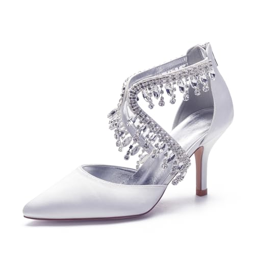 Hochzeitsschuhe Damen Bridal Stiletto Satin Pumps Brautschuhe 8Cm Pointed Toe Prom Party Dress High Heels,Weiß,42 EU von Generic
