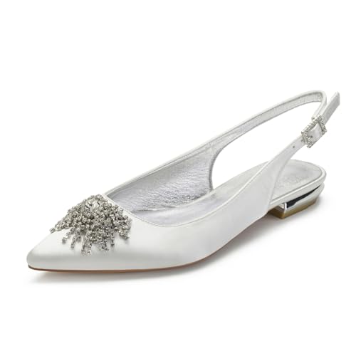 Hochzeitsschuhe Damen Flach Bridal Pointed Toe Slingback Prom Party Dress Flach Sandals 2Cm,Elfenbein,41 EU von Generic