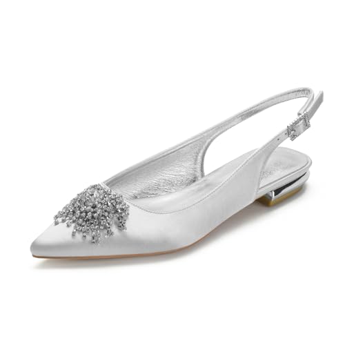Hochzeitsschuhe Damen Flach Bridal Pointed Toe Slingback Prom Party Dress Flach Sandals 2Cm,Silber,38 EU von Generic