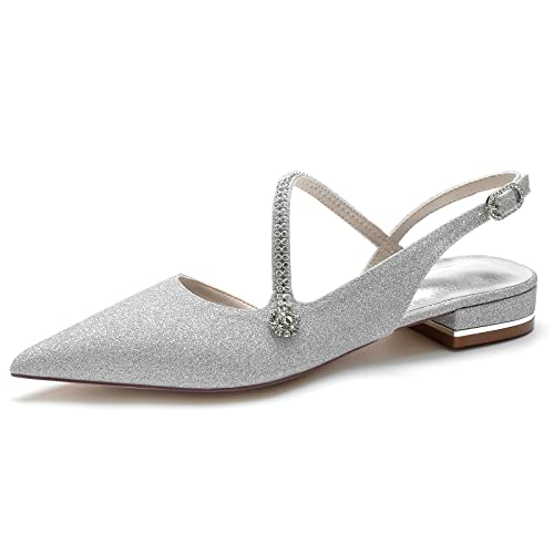 Hochzeitsschuhe Damen Flach Bridal Pointy Toe Dress Prom Slip-On Flats2.5Cm,Silber,38 EU von Generic