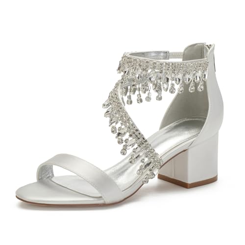 Hochzeitsschuhe Damen High Hat Schuhe Offener Spitze Bridal Chunky Satin Low Sandalen Ball Abend Party Schuhe 5.5Cm,Elfenbein,40 EU von Generic