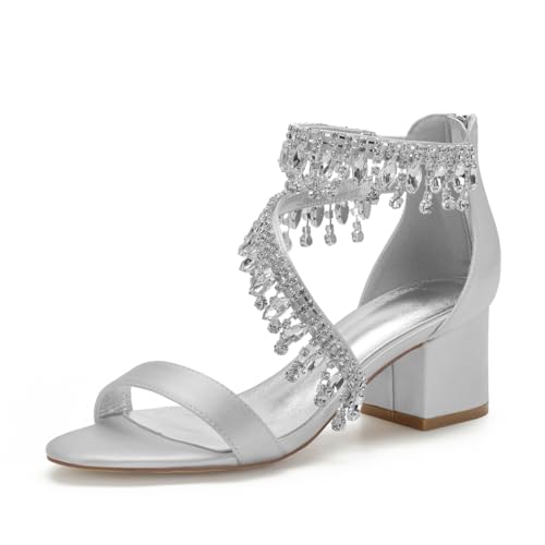 Hochzeitsschuhe Damen High Hat Schuhe Offener Spitze Bridal Chunky Satin Low Sandalen Ball Abend Party Schuhe 5.5Cm,Silber,38 EU von Generic