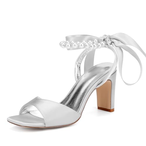 Hochzeitsschuhe Damen High Hat Schuhe Offener Spitze Bridal High Heels Sandalen Satin Block Absatz Abend, Party, Schuhe 8Cm,Silber,37 EU von Generic