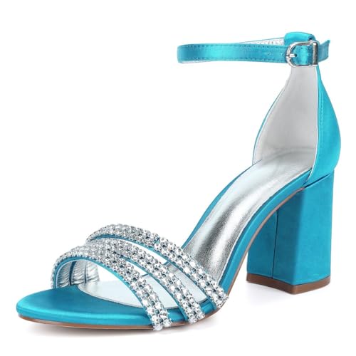 Hochzeitsschuhe Damen High Hat Schuhe Offener Spitze Bridal Satin High Heels Block Absatz Sandalen Abend Party Schuhe 8Cm,Blue Green,37 EU von Generic