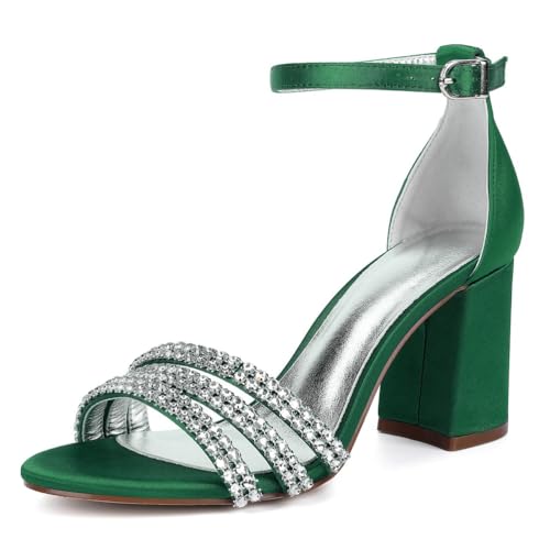 Hochzeitsschuhe Damen High Hat Schuhe Offener Spitze Bridal Satin High Heels Block Absatz Sandalen Abend Party Schuhe 8Cm,Grün,38 EU von Generic