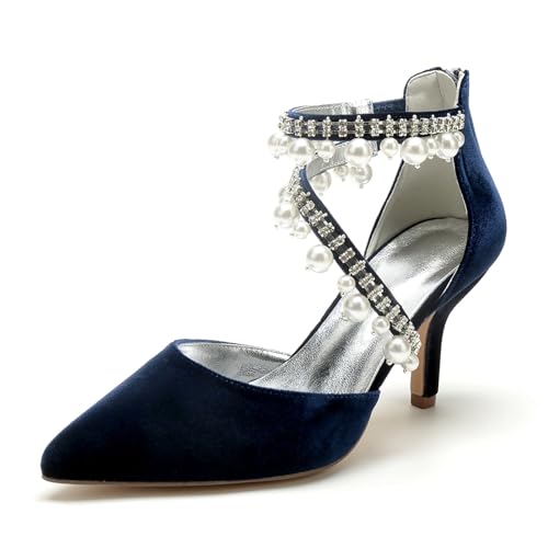 Hochzeitsschuhe Damen High Heel Spitze Zehen Abendschuhe Stiletto High Heels Party Brautschuhe 8Cm,Dark Blue,38 EU von Generic