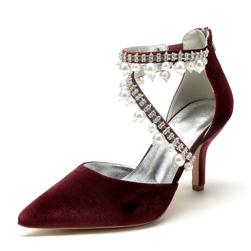 Hochzeitsschuhe Damen High Heel Spitze Zehen Abendschuhe Stiletto High Heels Party Brautschuhe 8Cm,Wine red,38 EU von Generic