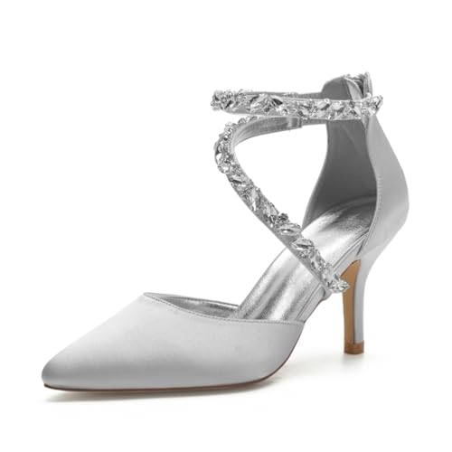 Hochzeitsschuhe Damen High Heels Pumps Bridal Pointed Toe Pumps Stiletto Heels Hochzeit Party Kleid Schuhe 8Cm Brautschuhe,Silber,38 EU von Generic
