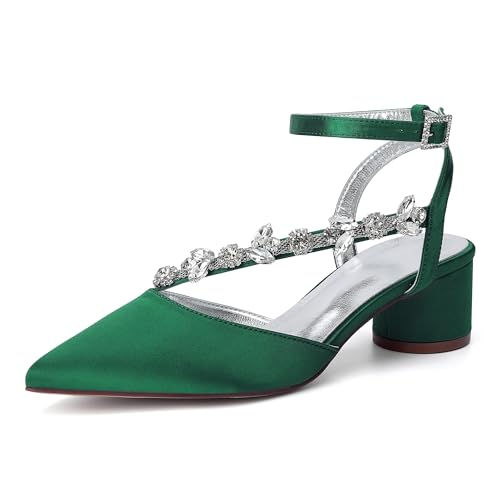 Hochzeitsschuhe Damen High Heels Slingback Strasssteine Hohe Schuhe Bridal Low Chunky Heel Für Party High 4.5Cm,Grün,40 EU von Generic