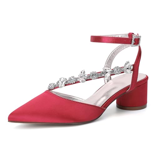 Hochzeitsschuhe Damen High Heels Slingback Strasssteine Hohe Schuhe Bridal Low Chunky Heel Für Party High 4.5Cm,Rot,40 EU von Generic