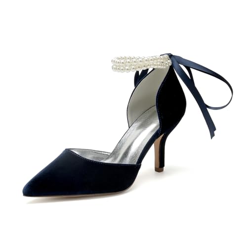 Hochzeitsschuhe Damen High High Bridal Pointed Toe Pumps 8Cm Absätze Kleid Stiletto High Heels,Dark Blue,39 EU von Generic