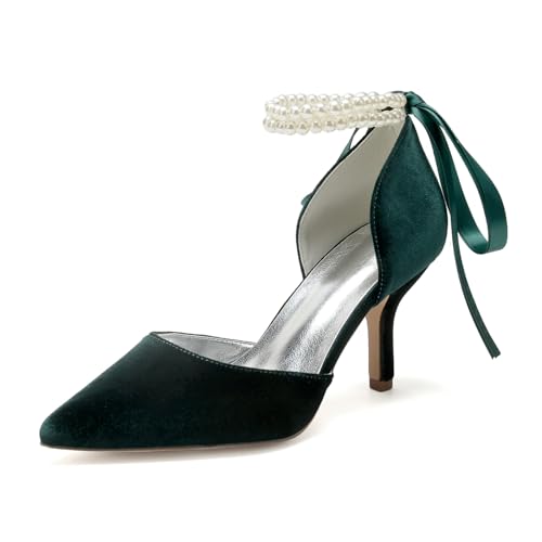 Hochzeitsschuhe Damen High High Bridal Pointed Toe Pumps 8Cm Absätze Kleid Stiletto High Heels,Dark Green,40 EU von Generic