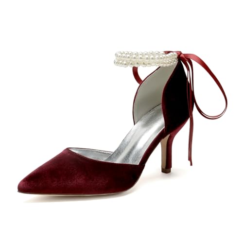 Hochzeitsschuhe Damen High High Bridal Pointed Toe Pumps 8Cm Absätze Kleid Stiletto High Heels,Wine red,43 EU von Generic