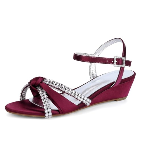Hochzeitsschuhe Damen Keil Peeptoes Keilsandalen Bridal Sommerschuhe Pumps Damen Schuhe 4Cm,Wine red,37 EU von Generic