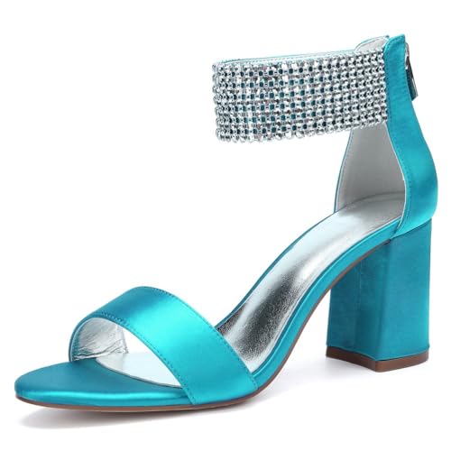 Hochzeitsschuhe Damen Knöchelriemen Mode Offene Zehen Sommer Bridal Sandalen Mit Blockabsatz High Heels 8Cm,Blue Green,41 EU von Generic