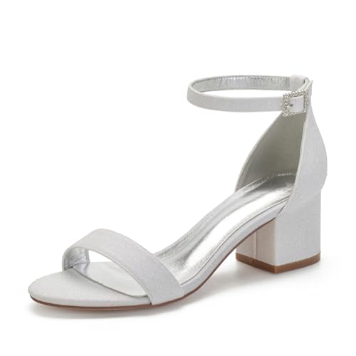 Hochzeitsschuhe Damen Offene Zehen Satin Hochzeit Chunky Heel Sandalen Low Heels Brautschuhe 5.5Cm Prom Party Dress Pumps,Elfenbein,38 EU von Generic