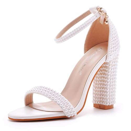 Hochzeitsschuhe Damen Perle Sandaletten High Heels Mit Blockabsatz Damen Braut Pumps 11Cm Sandalen Mit Offener Zehenpartie,Weiß,38 EU von Generic