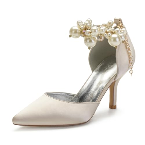Hochzeitsschuhe Damen Pointed Toe Bridal Stiletto Heel High Perlen Heel Schuhe Abschlussball Abend Formale Party Schuhe 8Cm,Champagne,38 EU von Generic