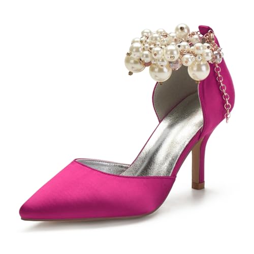 Hochzeitsschuhe Damen Pointed Toe Bridal Stiletto Heel High Perlen Heel Schuhe Abschlussball Abend Formale Party Schuhe 8Cm,Rose red,39 EU von Generic