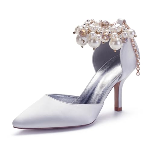Hochzeitsschuhe Damen Pointed Toe Bridal Stiletto Heel High Perlen Heel Schuhe Abschlussball Abend Formale Party Schuhe 8Cm,Weiß,41 EU von Generic