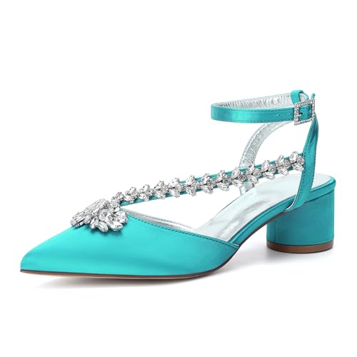 Hochzeitsschuhe Damen Pumps Bridal Pointed Toe Stämmiger Absatz Absatzschuhe 6Cm Slingback Partei Abendschuhe,Blue Green,39 EU von Generic