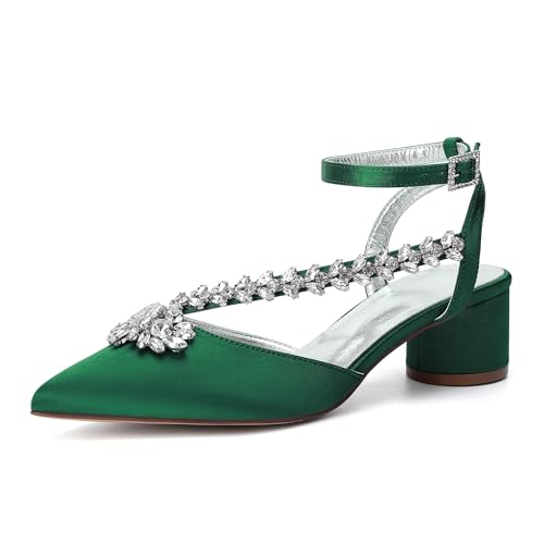 Hochzeitsschuhe Damen Pumps Bridal Pointed Toe Stämmiger Absatz Absatzschuhe 6Cm Slingback Partei Abendschuhe,Grün,43 EU von Generic