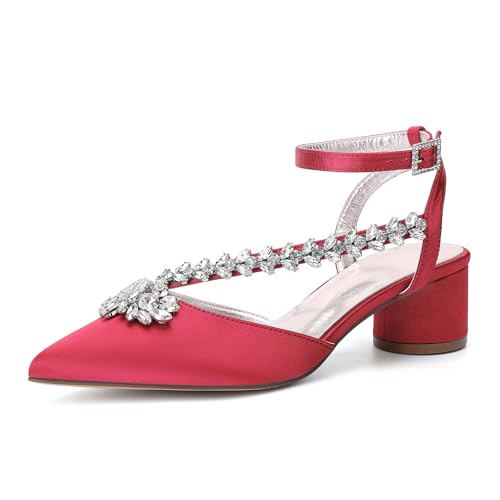 Hochzeitsschuhe Damen Pumps Bridal Pointed Toe Stämmiger Absatz Absatzschuhe 6Cm Slingback Partei Abendschuhe,Rot,43 EU von Generic
