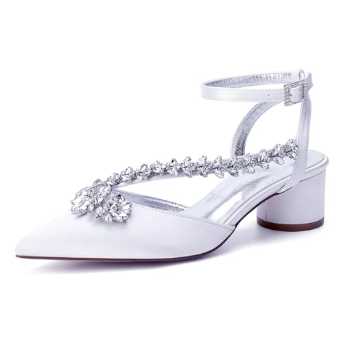 Hochzeitsschuhe Damen Pumps Bridal Pointed Toe Stämmiger Absatz Absatzschuhe 6Cm Slingback Partei Abendschuhe,Weiß,42 EU von Generic