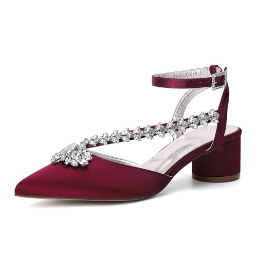 Hochzeitsschuhe Damen Pumps Bridal Pointed Toe Stämmiger Absatz Absatzschuhe 6Cm Slingback Partei Abendschuhe,Wine red,39 EU von Generic
