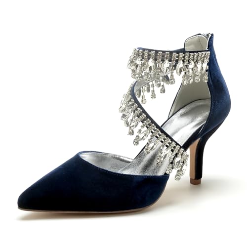 Hochzeitsschuhe Damen Pumps Bridal Pointed Toe Stiletto Party Dress Heeled 8Cm,Dark Blue,38 EU von Generic