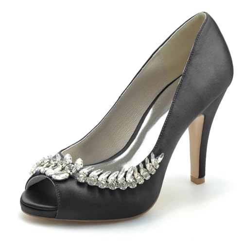 Hochzeitsschuhe Damen Pumps Mit Absatz | Brautschuhe 10 cm Stilettoabsatz | Satin Peeptoes High Heels Partei Abendschuhe,Schwarz,38 EU von Generic