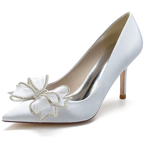 Hochzeitsschuhe Damen Pumps Schuhe 8.5Cm Bridal Pointed Toe Kleid Slip on Stiletto High Heels,Silber,38 EU von Generic