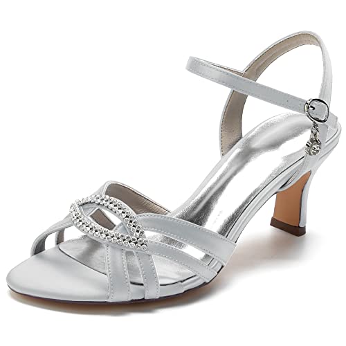 Hochzeitsschuhe Damen Sandalen Absatz Bridal Peep Toe Low Heel Prom Party Dress High Heels 6.5Cm Damen Schuhe,Silber,40 EU von Generic
