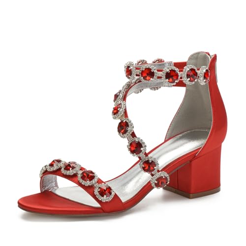 Hochzeitsschuhe Damen Sandalen Absatzsommerschuhe Bridal Damen Klassischer Low Heels Blockabsatz 5.5Cm Partei Abendschuhe,Rot,38 EU von Generic